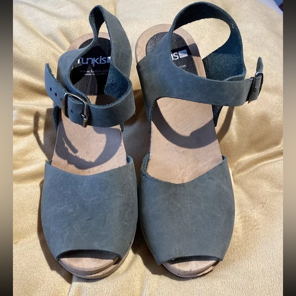 Funkis Swedish Forms Frida Heel Sandals Sz 37 Green Suede Wood Clog Platform - Picture 3 of 12
